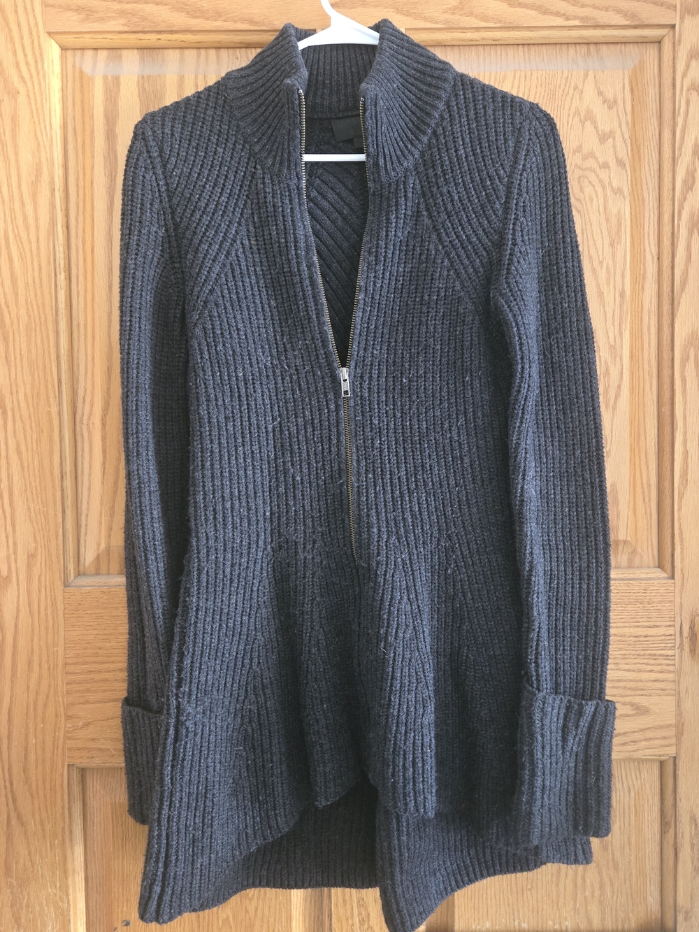 Intermix Ribbed Zip-Front Knit Cardigan in Charcoal